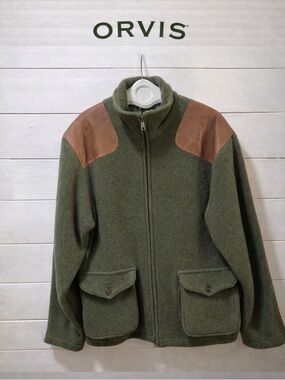 ORVIS Green Wool Jacket with Leather Shoulder Patches – Size L